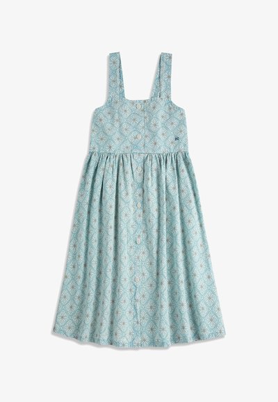 Svetlomodré šaty bez rukávov so zapínaním na gombíky vpredu a geometrickým kvetinovým vzorom v bielej a žltej farbe, s širokými ramennými popruhmi a naberaným pásom.