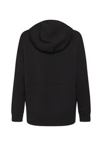 Fekete, hosszú ujjú kapucnis pulóver laza szabással, látható varrással a hátoldalon és bordázott mandzsettákkal, fehér háttér előtt hátulról bemutatva.