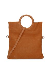 Borsa a spalla in suede color nocciola con manico rotondo e tracolla staccabile. Caratterizzata da una consistenza morbida e un design minimalista.
