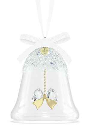 Ornement en forme de cloche en verre transparent avec des accents en cristal, un nœud doré et un nœud blanc sur le dessus, marqué de l'année 2026 sur une étiquette dorée.