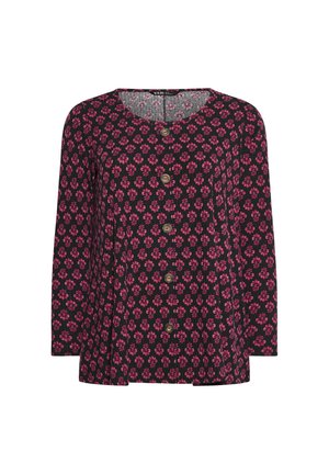 Zwarte blouse met lange mouwen, voorzien van een bloemenpatroon in roze, bruine knopen en een gestructureerde stof.