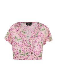 Blumiges, pinkfarbiges Cropped Top mit V-Ausschnitt und kurzen Ärmeln. Es zeichnet sich durch ein Muster aus lila und grünen Blumen auf einem leichten Stoff aus.