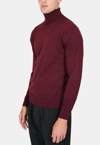 Maglione borgogna a collo alto con maniche lunghe, realizzato in un tessuto morbido. Presenta una silhouette aderente e dettagli a coste sul colletto e sull'orlo.