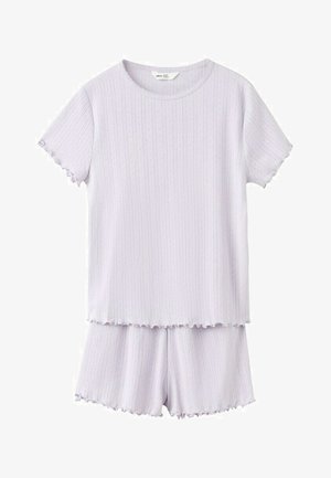 Ensemble composé d'un haut à manches courtes côtelé de couleur violet clair et d'un short assorti, avec des bords festonnés aux manches, à l'ourlet et au short.