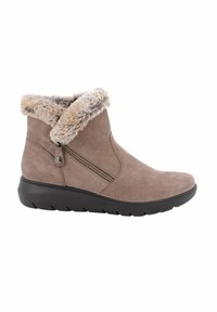 Stivali alla caviglia in suede marrone con colletto in pelliccia sintetica, dettaglio con cerniera laterale e suola in gomma nera testurizzata. Design classico per comfort e calore.