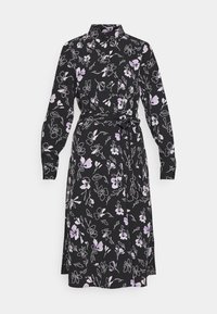 Černé šaty s květinovým vzorem v levandulové a bílé barvě, dlouhé rukávy, límeček a zavázání v pase, vyrobené z lehkého materiálu.