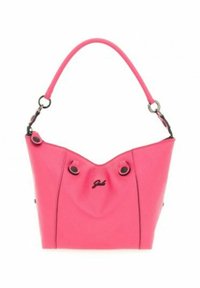 Borsa a tracolla in pelle rosa con design curvo, dotata di un manico singolo, borchie decorative e un logo sul davanti. Texture liscia.