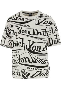 Kreminė spalva trumpomis rankovėmis T-shirt su juodu kartojančiu "Von Dutch" tekstu. Turi apvalų iškirpimą ir laisvą siluetą, pagamintas iš minkštos medvilnės.