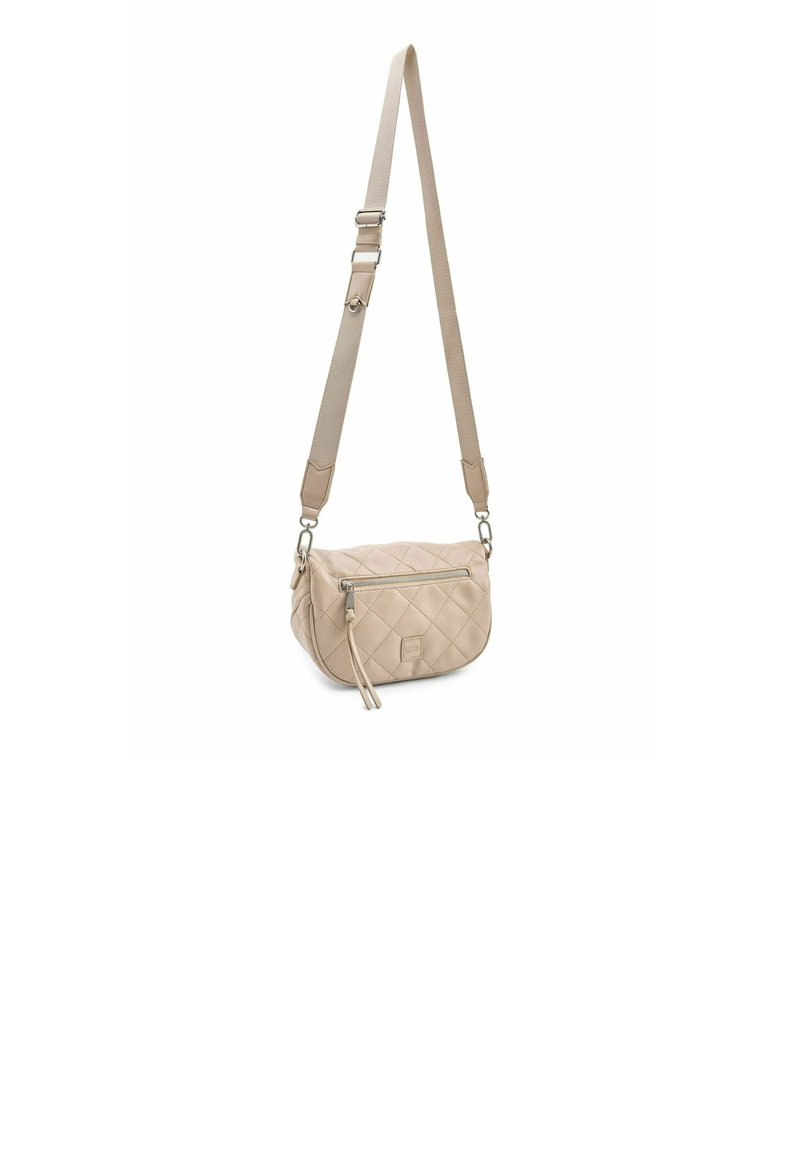 Borsa a tracolla trapuntata beige con tasca frontale con cerniera, tracolla regolabile e finitura in pelle testurizzata. Dotata di cerniera con nappina.