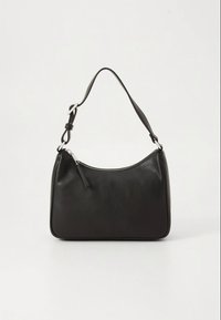 Black leather shoulder bag with a curved design, top zipper closure, and a protruding zipper pull. Features a single adjustable strap.