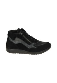 Black high-top sneakers featuring a combination of textured suede and smooth leather, with a side zipper and contrasting design elements.