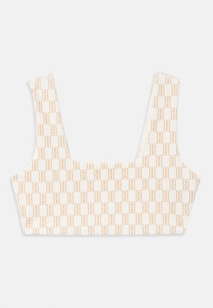 Branded bralette in cream with an all-over light orange geometric pattern. Features wide straps and a square neckline.