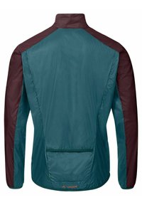 Giacca leggera color teal con maniche bordeaux, colletto alto e tasca sul retro. Tessuto liscio, progettata per attività all'aperto.