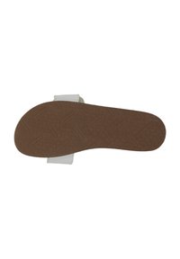 Sandal sole with a brown rubber base featuring a textured pattern. White strap attached for securing foot in place. Flat design.