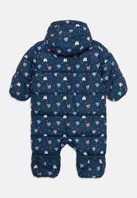 Marineblå, polstret baby-dress med hætte, prydet med mønstre af bue i pink, hvid og blå samt elastiske manchetter på ærmer og ben.