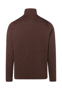 Giacca in pile marrone con colletto alto, maniche lunghe e un motivo testurizzato. Presenta maniche raglan e orlo dritto.