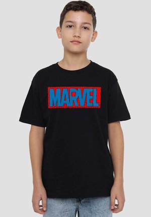 Black cotton t-shirt featuring a large red rectangular graphic with "MARVEL" in blue text. Crew neck, short sleeves, casual fit.