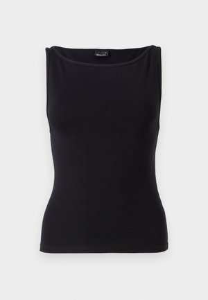 Sort ærmeløs tanktop lavet af strækbart bomuldsblandingsstof. Har en rund halsudskæring og tætsiddende design med en glat overflade.