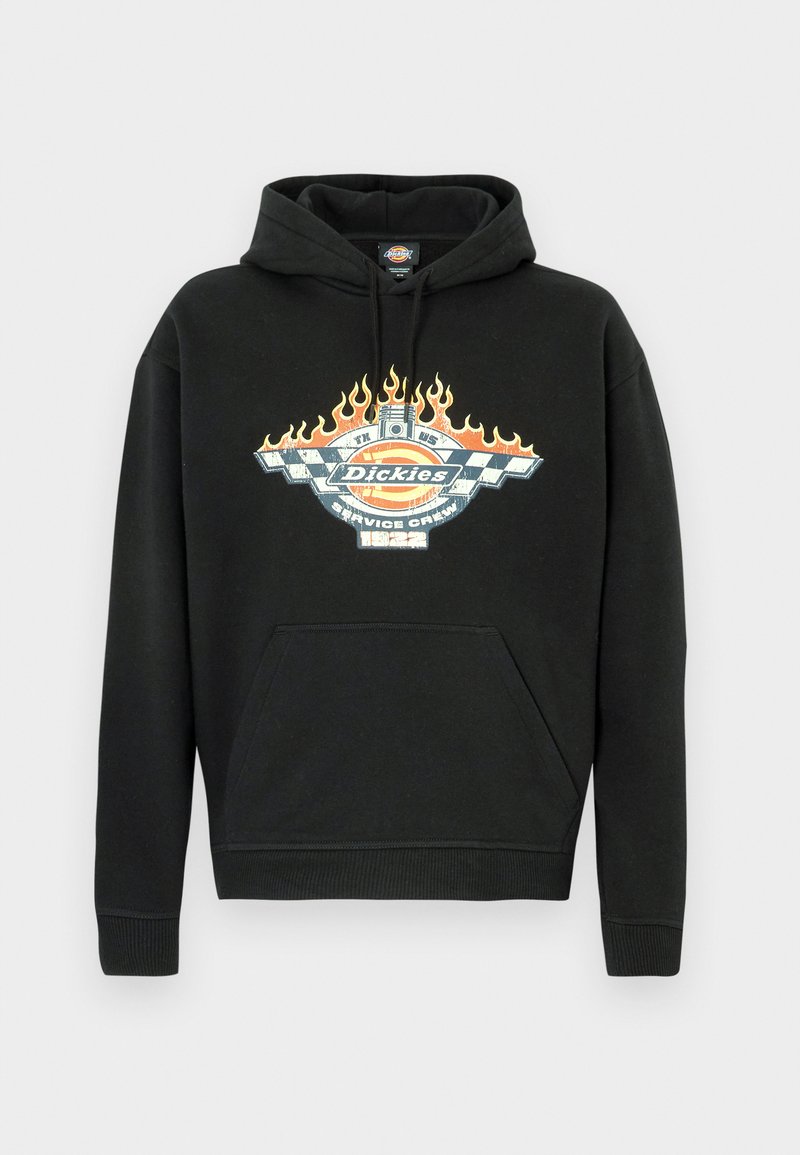Black cotton hoodie featuring a front pocket, drawstring hood, and a graphic design with flames and a logo in vibrant colors.