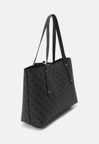Black tote bag with a textured pattern, featuring dual handles and gold-tone hardware. Rectangular shape with open top and spacious interior.