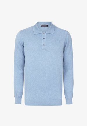 Polo en tricot à manches longues bleu clair, en tissu doux. Il présente un col classique et une patte de boutonnage à trois boutons. Manches et ourlet côtelés.