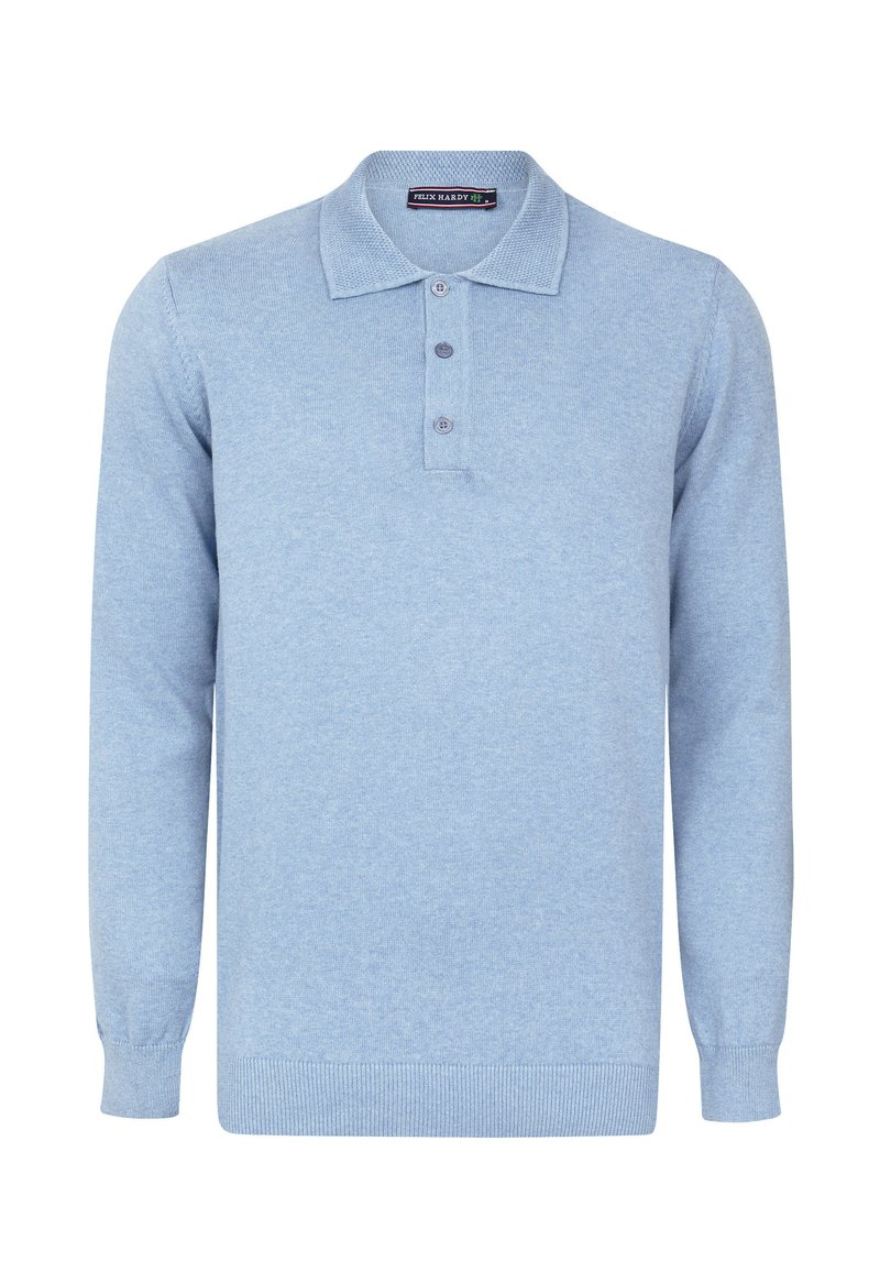 Himmelblaues Langarm-Polo-Sweater aus weichem Strickmaterial. Verfügt über einen klassischen Kragen und eine Knopfleiste mit drei Knöpfen. Gerippte Bündchen und Saum.