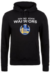 Sudadera negra con capucha que presenta el texto "Golden State Warriors" en blanco, un logo circular con acentos azules y amarillos, y un bolsillo frontal.