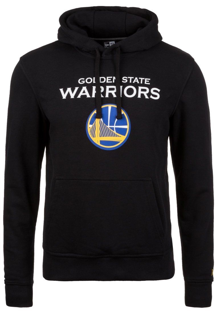 Sudadera negra con capucha que presenta el texto "Golden State Warriors" en blanco, un logo circular con acentos azules y amarillos, y un bolsillo frontal.