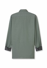 Grünes Langarmshirt mit strukturierter Oberfläche, mit blumengemusterten Manschetten und klassischem Kragen.