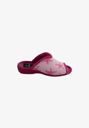 Zapatilla rosa con dedo abierto y patrones de estrellas de mar, forro de felpa y suela texturizada.