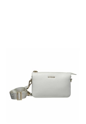 Witte crossbodytas van getextureerd leer met gouden ritssluiting en "BOGNER"-logo, verstelbare brede stoffen band met gouden gesp.