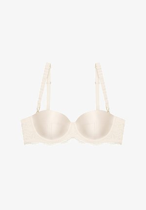 Bügel-BH in hellem Beige mit Spitze, der über glatte Cups, verstellbare gerippte Träger und goldfarbene Beschläge mit einer gewellten Kante verfügt.