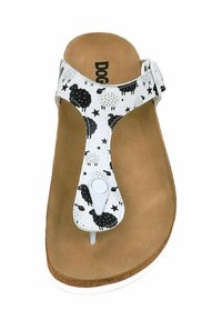 White thong sandal with black sheep and star pattern, adjustable strap, padded footbed, cork sole, and white accent details.