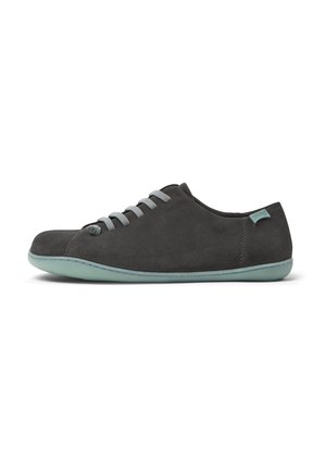 Gray suede sneaker with light gray laces and a teal rubber sole, featuring a smooth texture and minimalistic design.