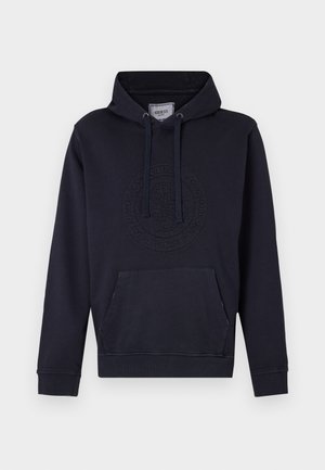 Marineblaue Kapuzenjacke mit einer vorderen Kängurutasche, Kordelzugkapuze und geprägtem Logodetail auf der Brust. Hergestellt aus weichem Baumwollmischmaterial.