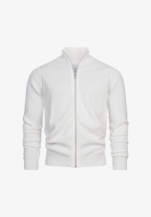 White zip-up cardigan with a textured chevron pattern, ribbed cuffs and hem, and a stand-up collar. Features lightweight knit fabric.