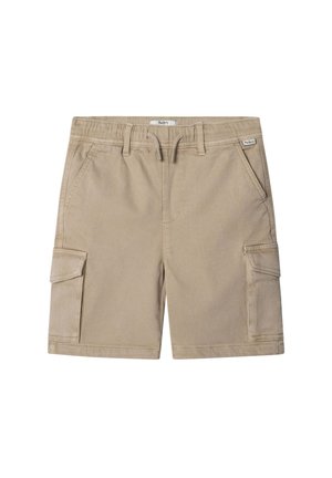 Beige cargoshorts med elastik i taljen, snøre, sidelommer med klap og skrå forlommer, designet til afslappet brug.