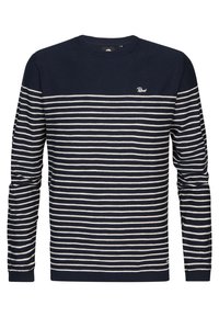 Pull à manches longues bleu marine avec des rayures horizontales blanches et un petit logo sur la poitrine. Fabriqué en matière tricotée douce.