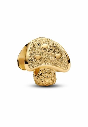Goldener charm in Form eines Pilzes mit strukturierter Oberfläche und glatten Akzenten. Hat drei kreisförmige Details auf dem Hut und eine abgerundete Basis.