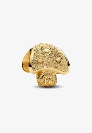Ciondolo dorato a forma di fungo con superficie texture e accenti lisci. Presenta tre dettagli circolari sulla cima e una base arrotondata.