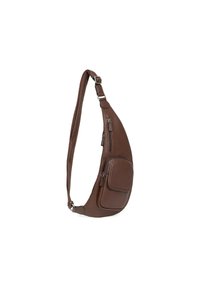 Borsa a tracolla in pelle marrone con un design elegante e curvo. Presenta una tasca frontale con zip e una tracolla regolabile. Texture liscia con hardware minimale.
