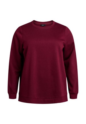 Sudadera burdeos con cuello redondo, mangas largas y un ajuste relajado. Fabricada en tejido suave, cuenta con puños y dobladillo acanalados.