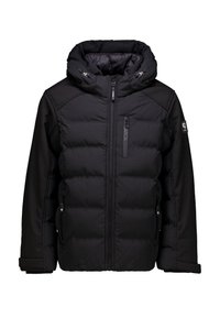 Chaqueta acolchada negra con capucha, que presenta un cierre de cremallera en la parte delantera, dos bolsillos laterales y acentos de tela texturizada en los hombros y las mangas.