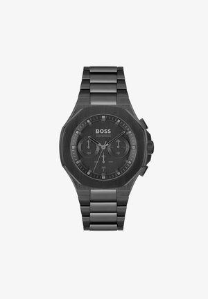 Reloj cronógrafo negro con una caja octagonal texturizada, correa de metal negra y un dial minimalista que presenta tres sub-diales y marcadores blancos.