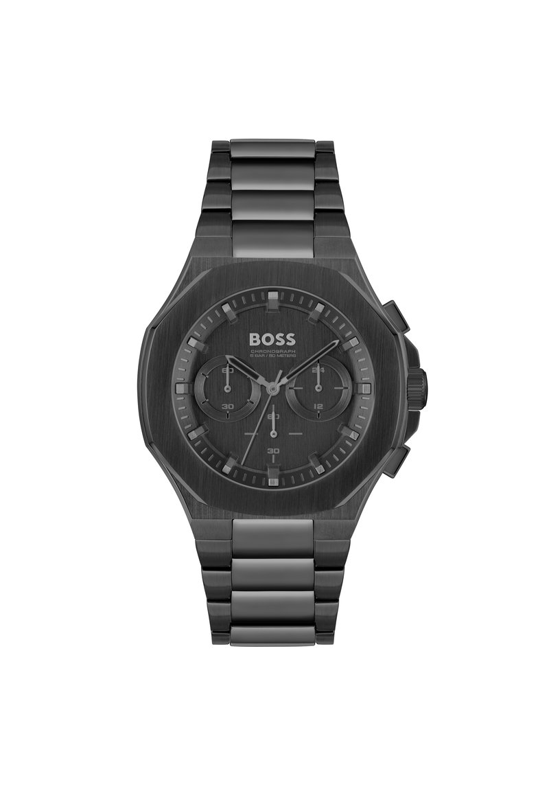 Orologio cronografo nero con cassa ottagonale testurizzata, bracciale in metallo nero e quadrante minimalista con tre sotto-quadranti e indicatori bianchi.