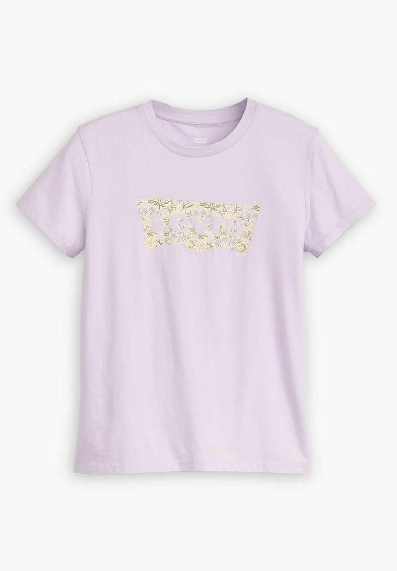 T-shirt in cotone lilla con scollatura rotonda e maniche corte, caratterizzato da un design floreale del logo Levi's in colori tenui sulla parte anteriore.