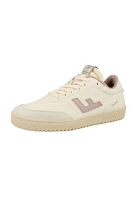 Cream-colored sneaker with beige sole, light mauve logo, lace-up design, and plush inner lining, angled slightly to the right.