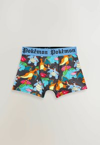 Boxershorts med et farverigt Pokémon-print på en sort baggrund, med en lyseblå elastisk talje med teksten "Pokémon".