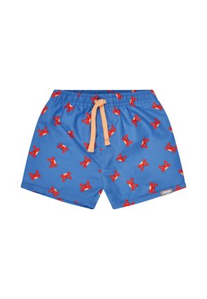 Blaue Kinder-Badeshorts mit roten Krabbenmustern und einem beigefarbenen Kordelzug am elastischen Bund, versehen mit einem kleinen "SWIM"-Etikett.