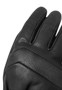 Schwarze Lederhandschuhe mit strukturierter Oberfläche, ausgestattet mit drei Fingeröffnungen, verstärkten Nähten und einem durchlöcherten Akzentbereich.